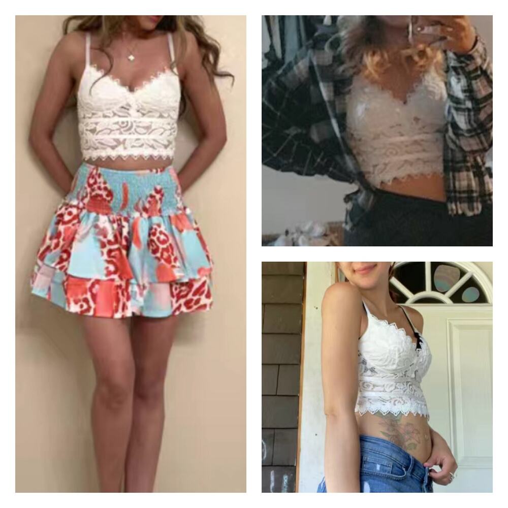 White Lace Floral Cami Bra with Adjustable Spaghetti Straps LARGE